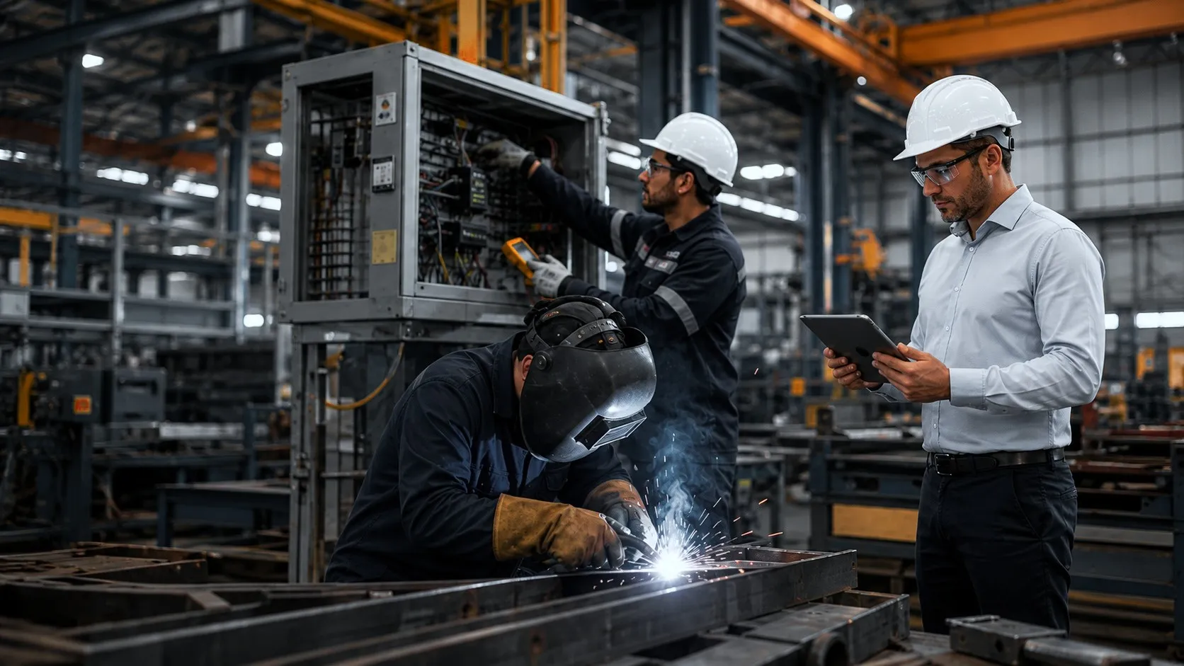 Soldador con careta en un banco de trabajo, técnico en un armario eléctrico y supervisor con tablet en una nave industrial