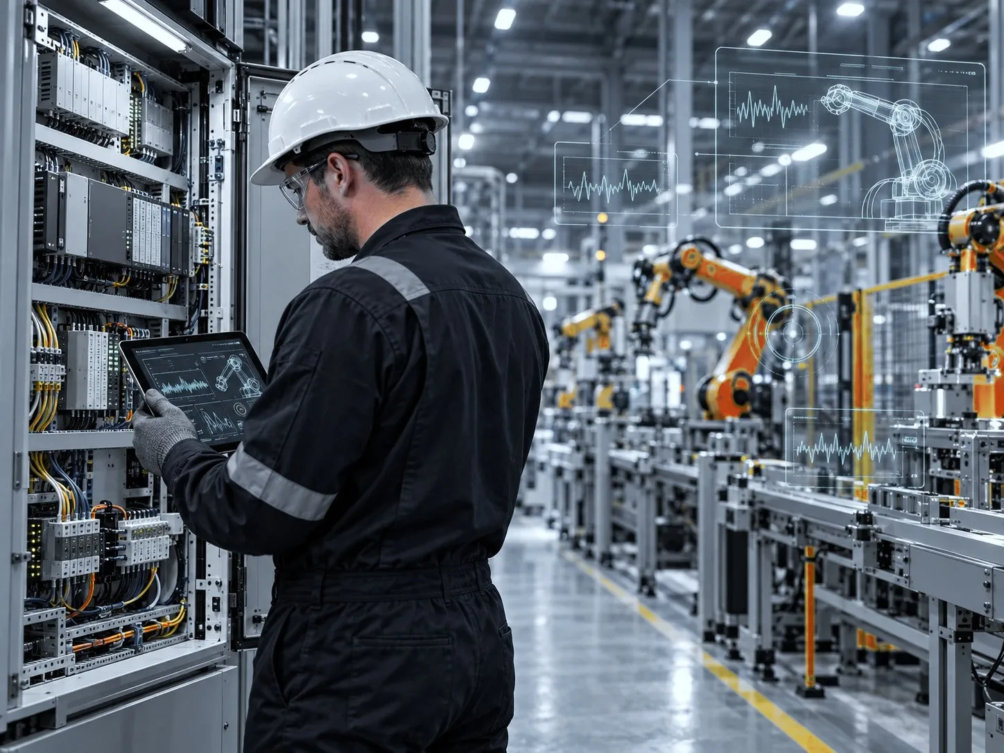 Técnico de mantenimiento con casco y tablet ante un armario eléctrico abierto, con brazos robóticos de una línea al fondo