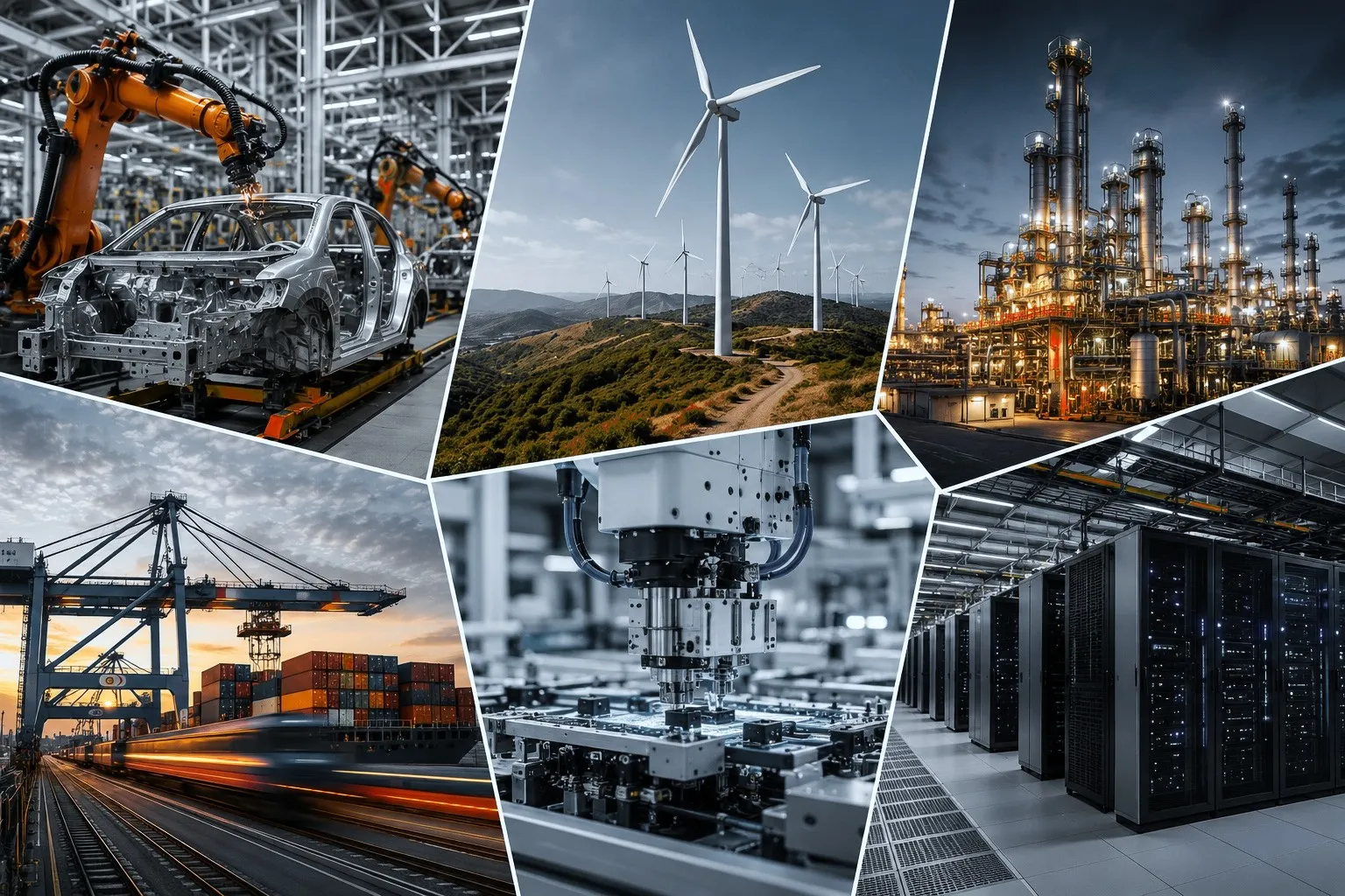 Collage de sectores industriales: automoción, eólica, refinería, puerto y ferrocarril, mecanizado y centro de datos