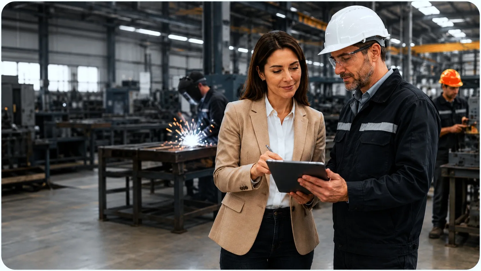 Una responsable y un técnico con casco revisan una tablet en el taller mientras un soldador trabaja al fondo