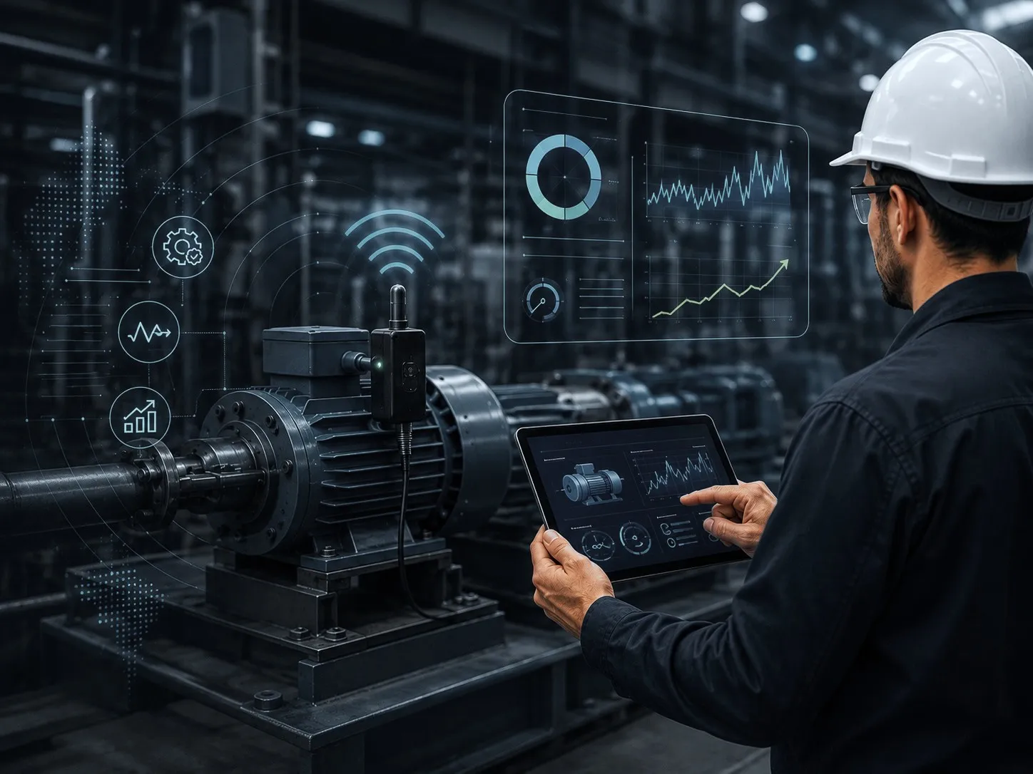 Técnico con casco y tablet ante un motor eléctrico con sensor, con gráficas de medidas superpuestas