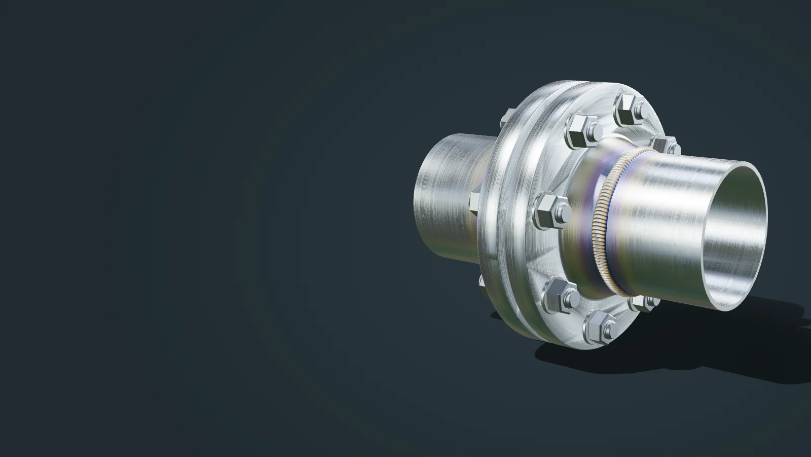 Unión embridada DN100 en acero inoxidable: dos bridas de cuello EN 1092-1 con su junta, ocho espárragos con tuercas y los tubos soldados a las bridas. Modelo 3D ilustrativo.